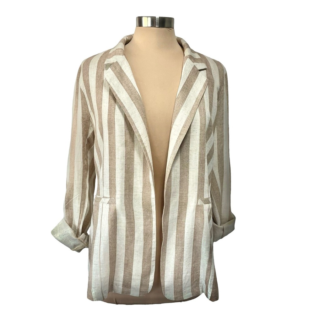 Potter's Pot Linen Vertical Cream Tan Striped Open Front Jacket Sz L Casual Work